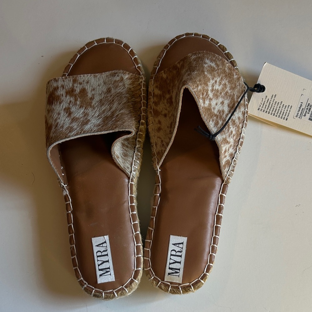 Myra Bag Tan and Brown Cowhide Sandals